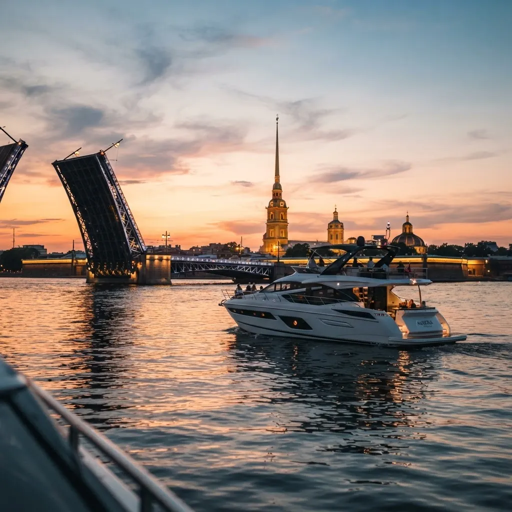 Роскошный катер на Неве в Санкт-Петербурге на закате с разведённым мостом
